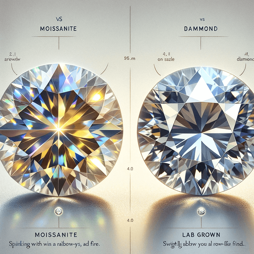 a detailed and informative comparison image of moissanite versus lab grown diamonds
